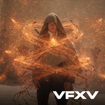A man standing within large rings of gold magic with the VFX Voice logo in the bottom right corner.