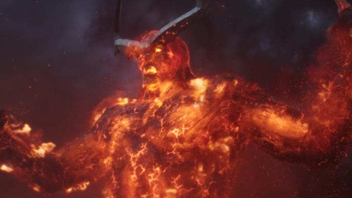 horned titan of fire surtur roaring with its arms up 