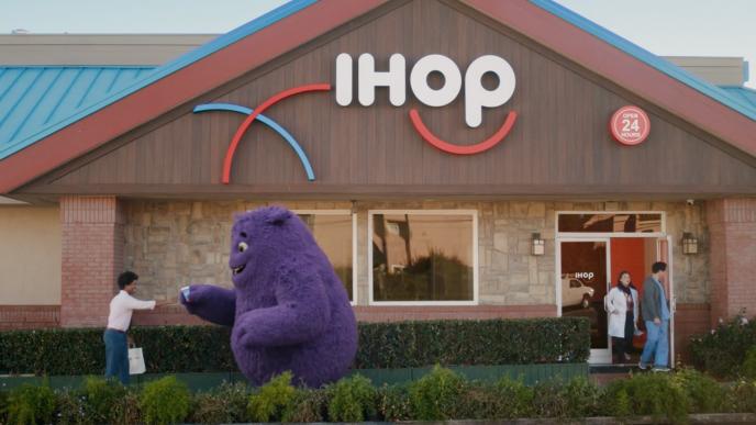 Purple imaginary friend at an IHOP restaurant