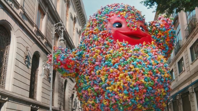 A giant gummy monster walks through a city with hundreds of nerds candy attached to it