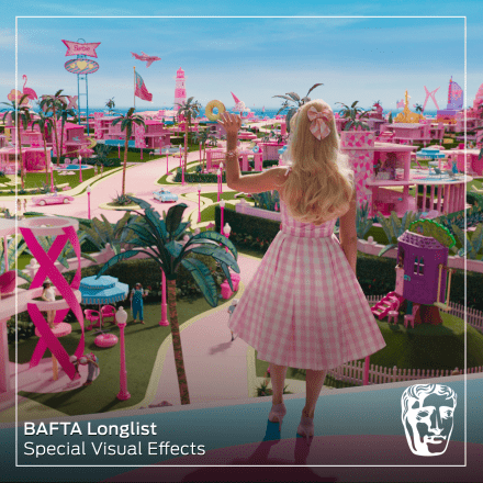 A woman in a pink dress looking out over Barbie Land waving.