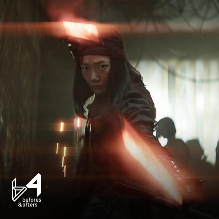A woman holding two glowing swords in an industrial setting, there is the B&A logo in the bottom left corner.