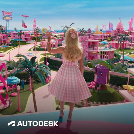 A woman looking out over Barbie Land in a pink dress, with the Autodesk logo in the bottom left corner.