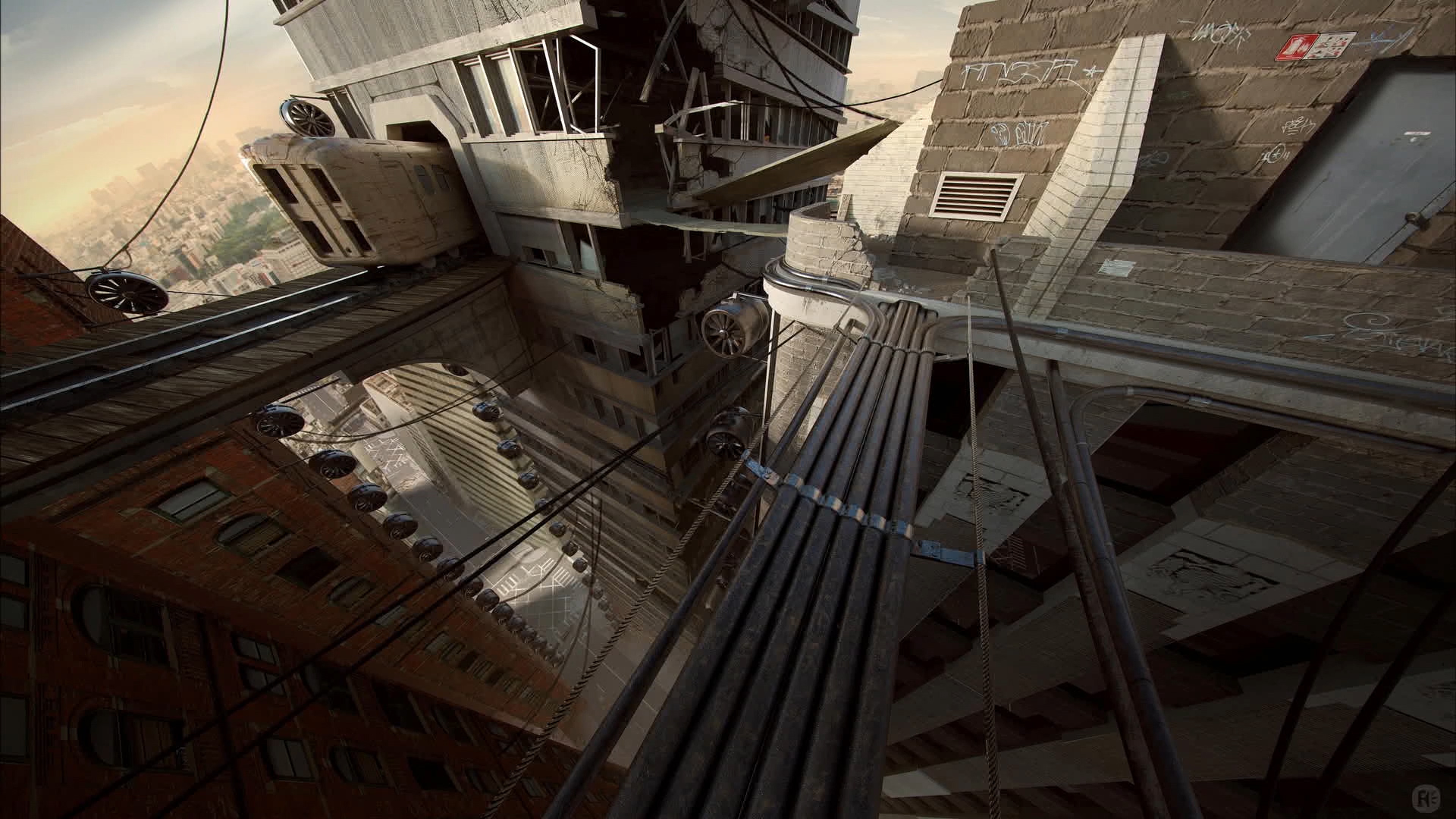 perspective of standing on steel poles above ground on a roofttop of a building