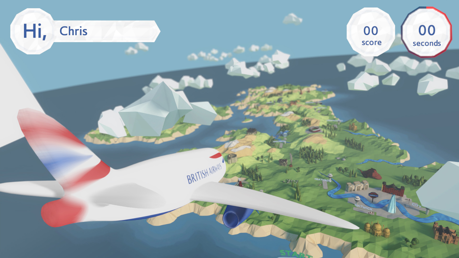 game view of british airways flight game. back view of a plane flying across the british isles