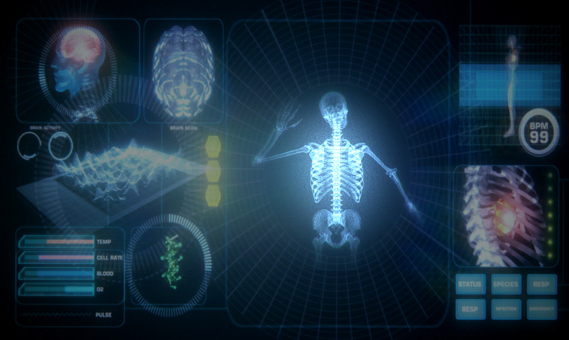 x-ray of a skeleton with medical infographics on the sides