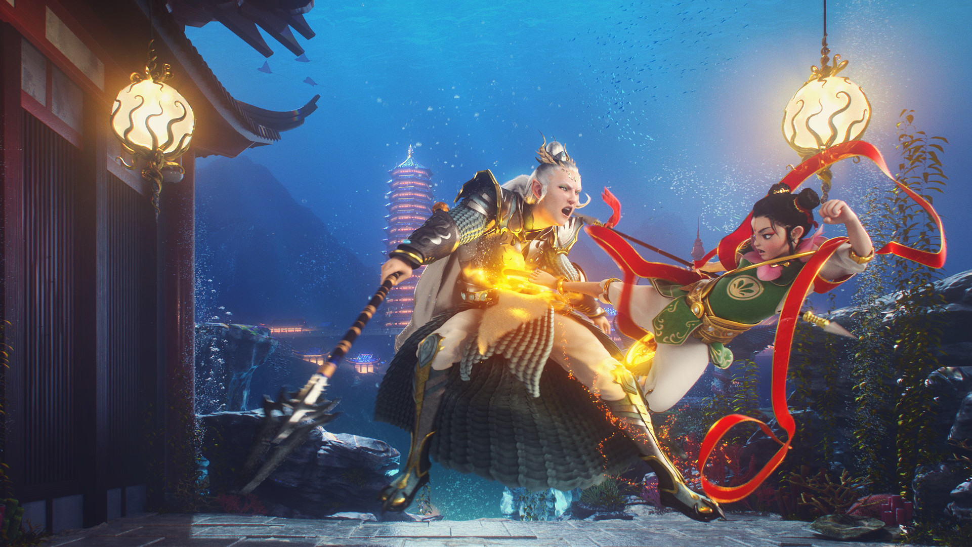 two game characters fighting in a chinese underwater city