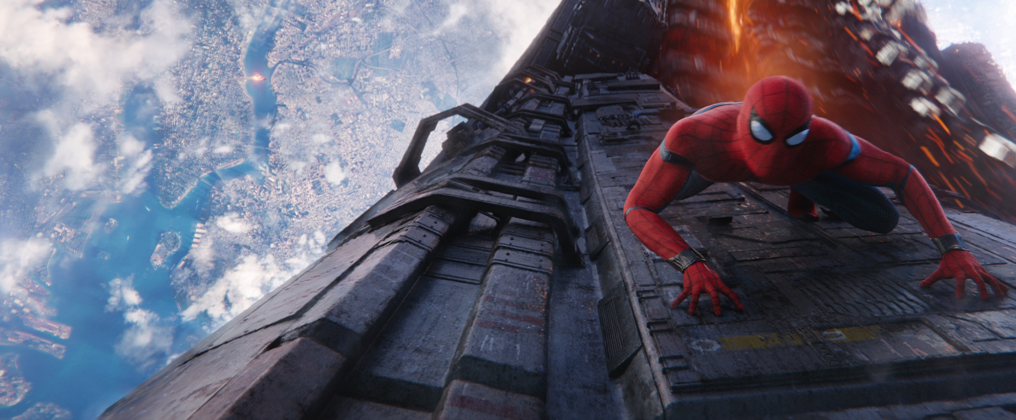 Spider-Man on a spaceship high above a city