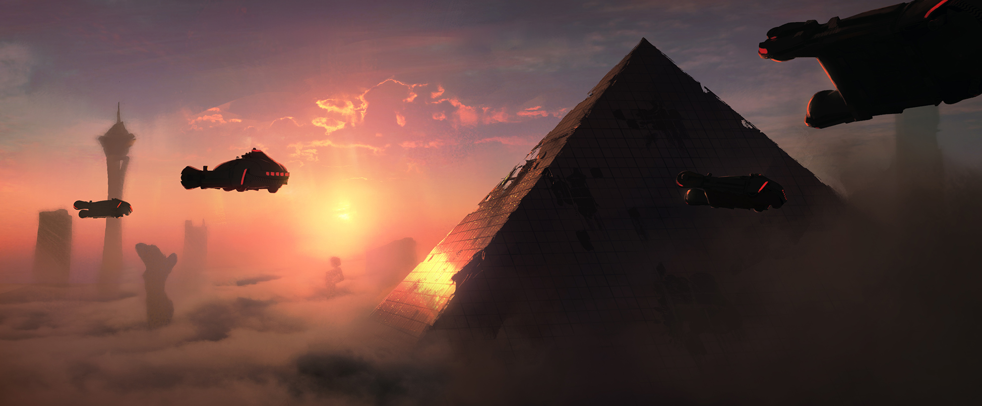 Concept Art for Blade Runner 2049, futuristic pyramids at sunset, surrounded by spaceships