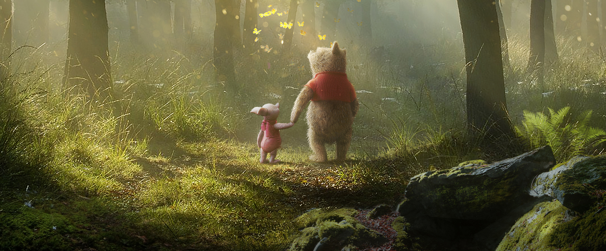 Concept art of Pooh and Piglet, holding hands and walking through the hundred acre wood