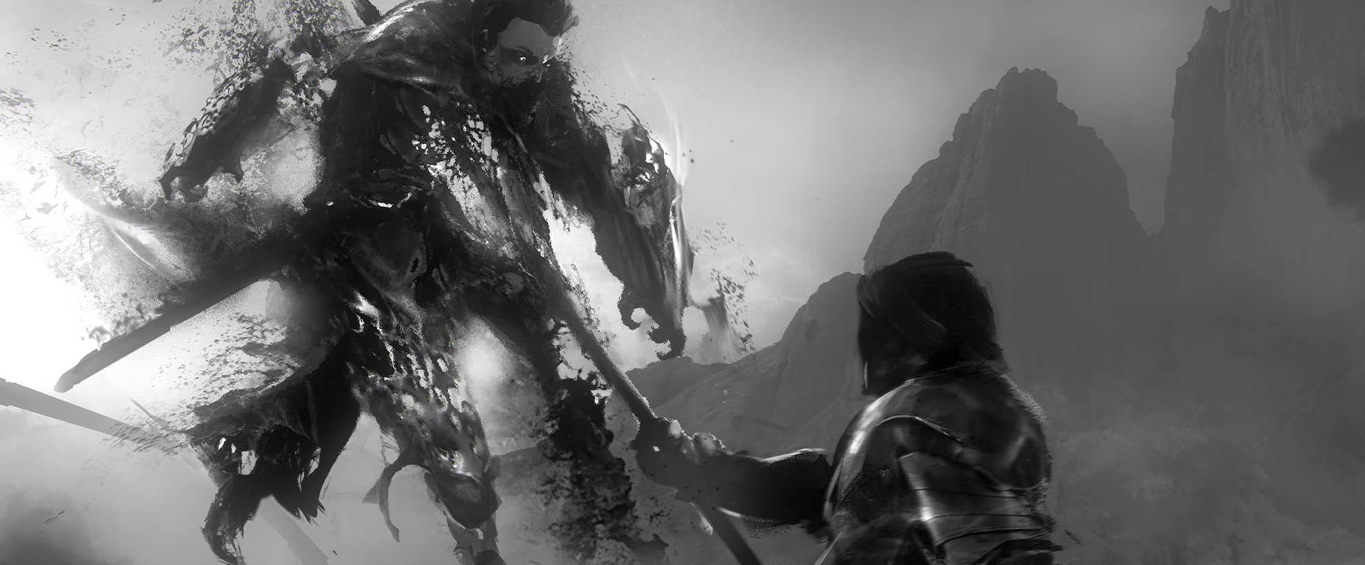 Concept art of two knights battling, one spears the other