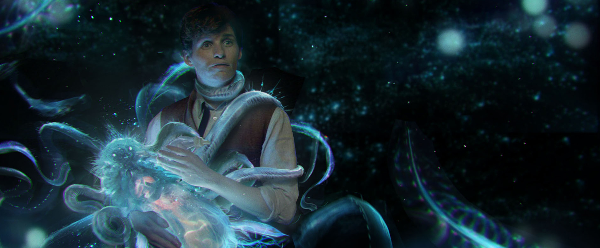 Concept art of Eddie Redmayne feeding a glowing blue creature