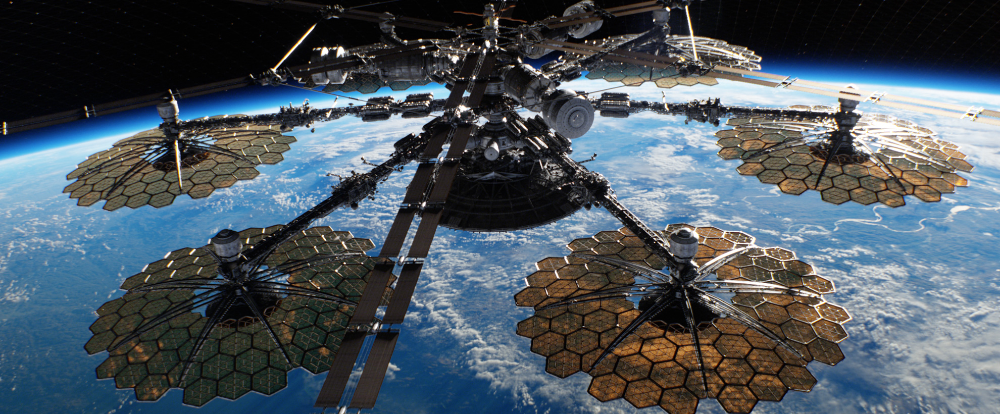 A large spaceship with solar panels above earth