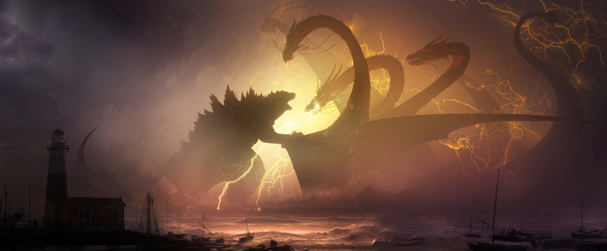 Godzilla fights a 3 headed dragon like creature