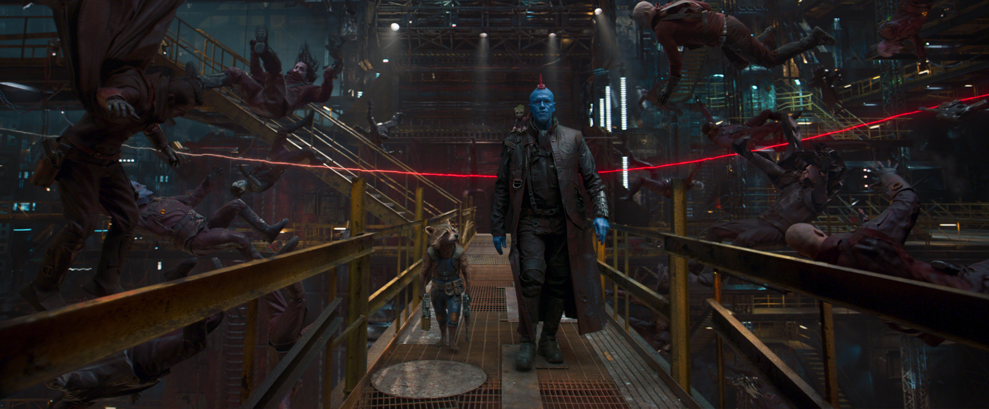 Yondu and Rocket walk through a fight on a spaceship