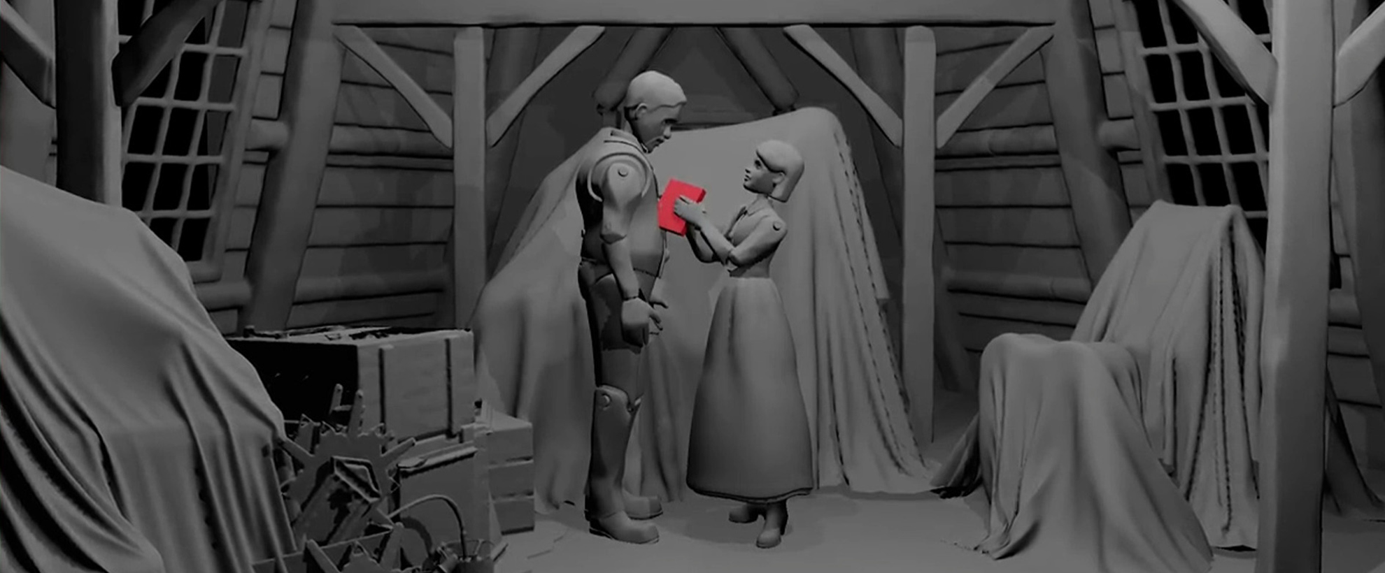 Previs animation on Netflix's Jingle Jangle, showing two people stood facing each other, one holding a red book