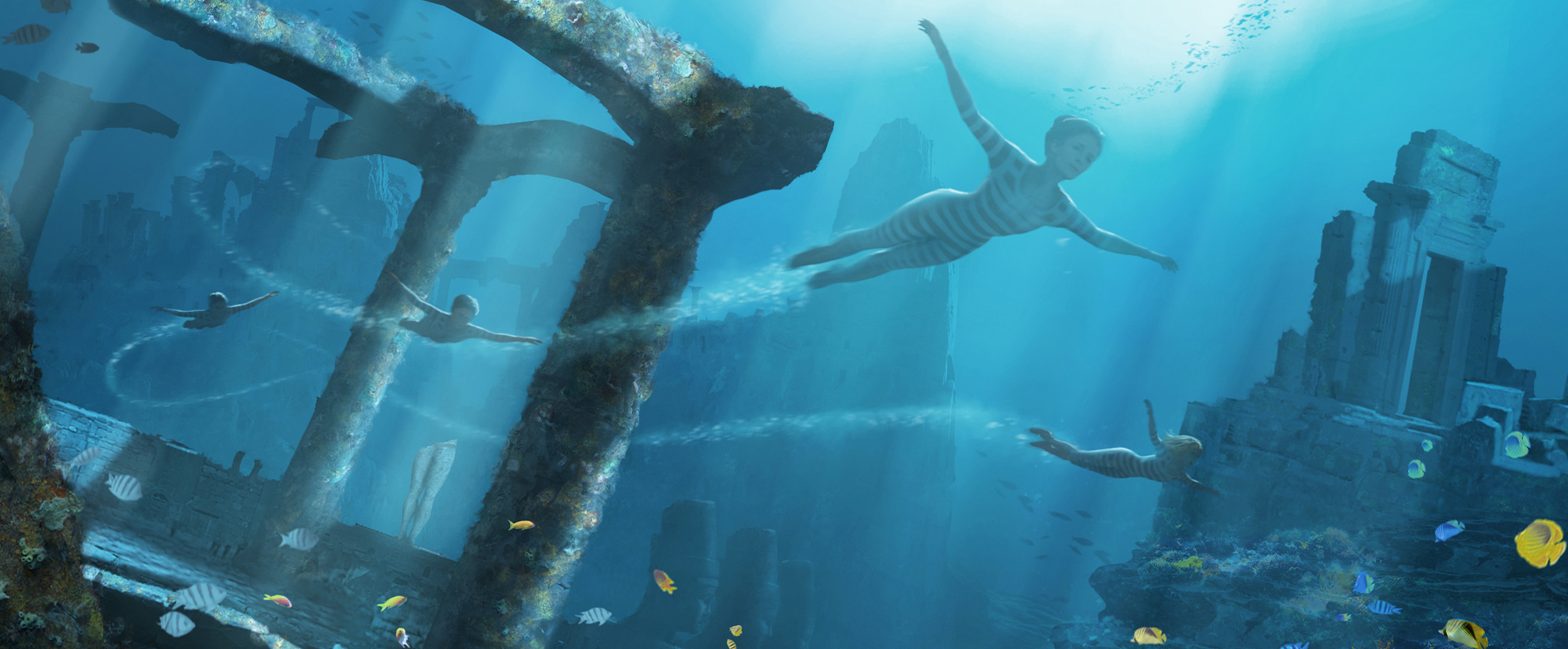 Concept art for Mary Poppins showing the Banks children swimming deep underwater