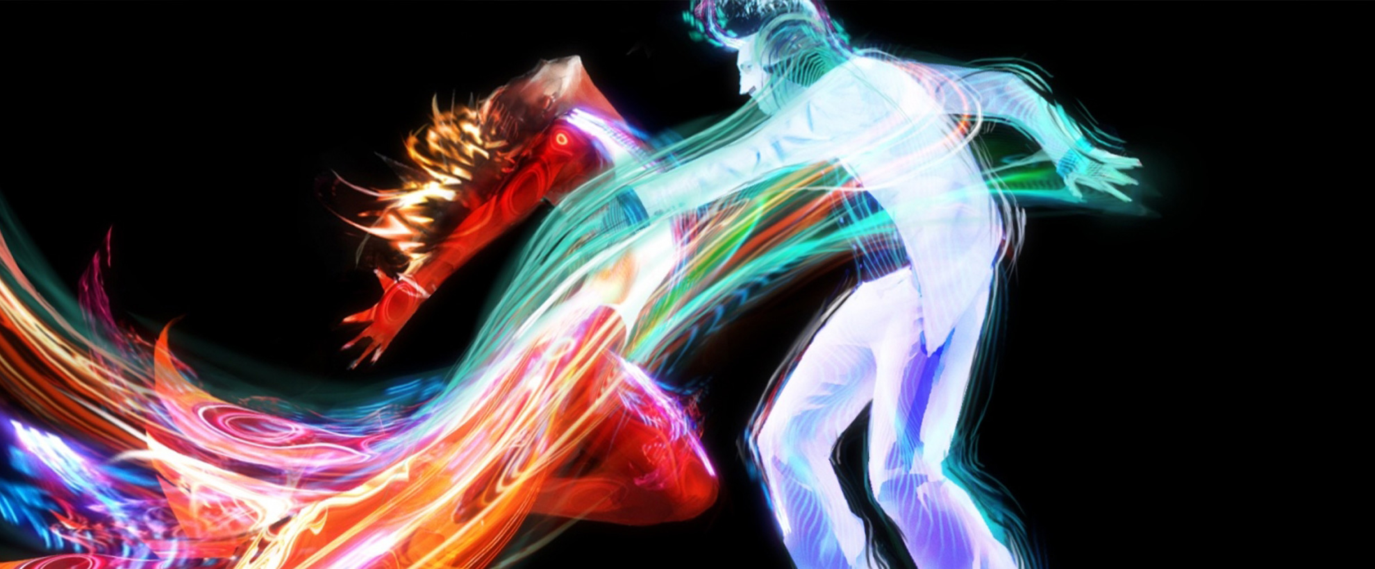 Concept art showing a man and a woman dancing, made of bright colours
