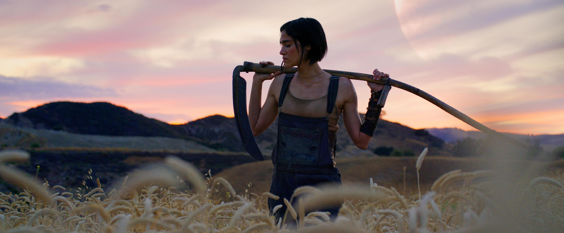 A young woman stands in a field against a sunset, holding a scythe