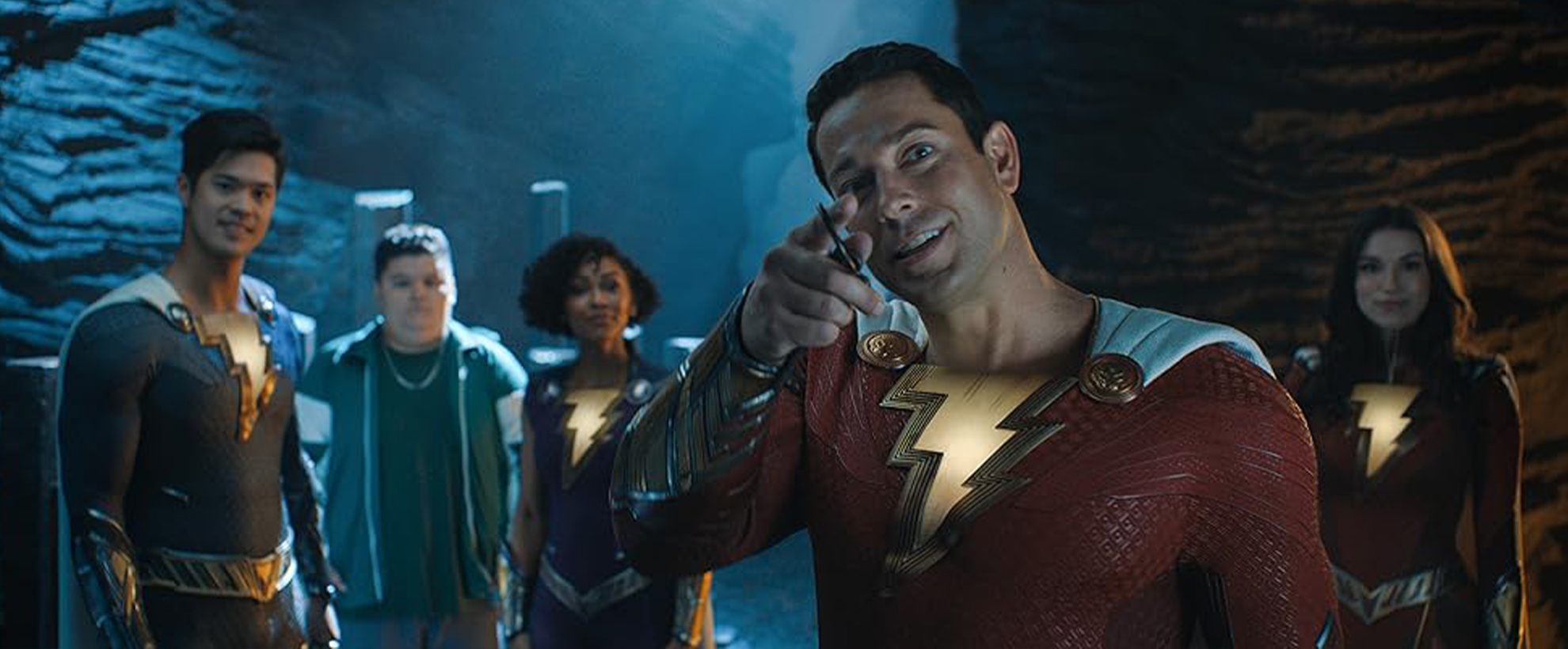 Zachary Levi in Shazam 2, pointing towards the camera