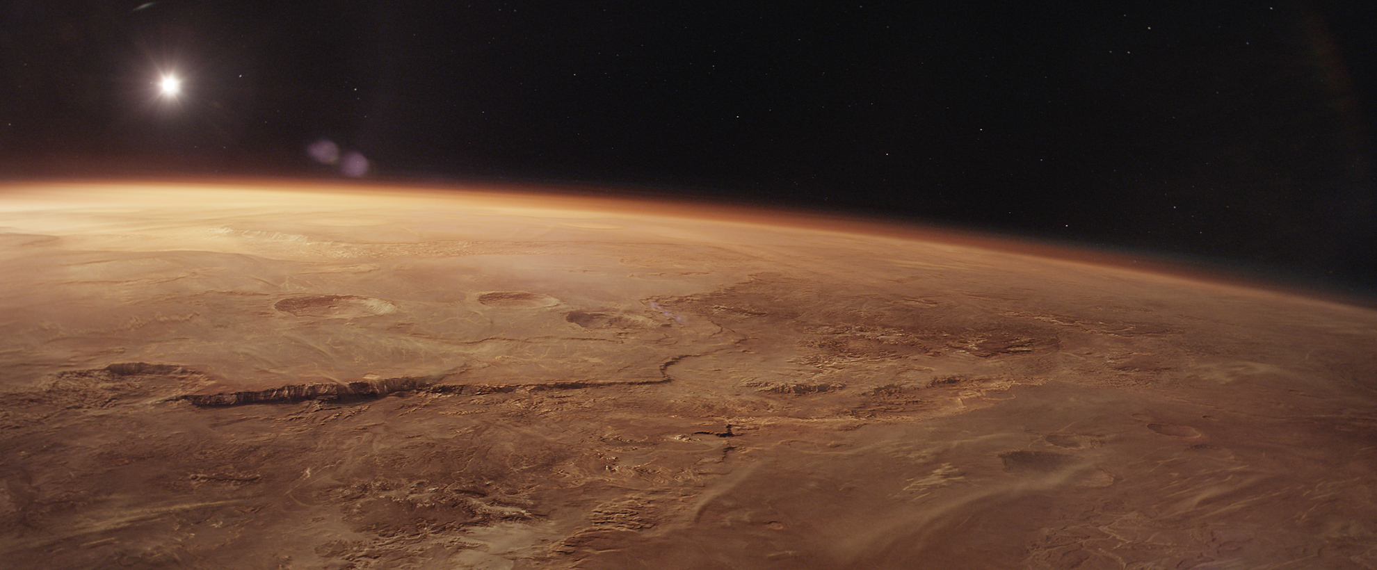 A photoreal CG rendering of the surface of Mars