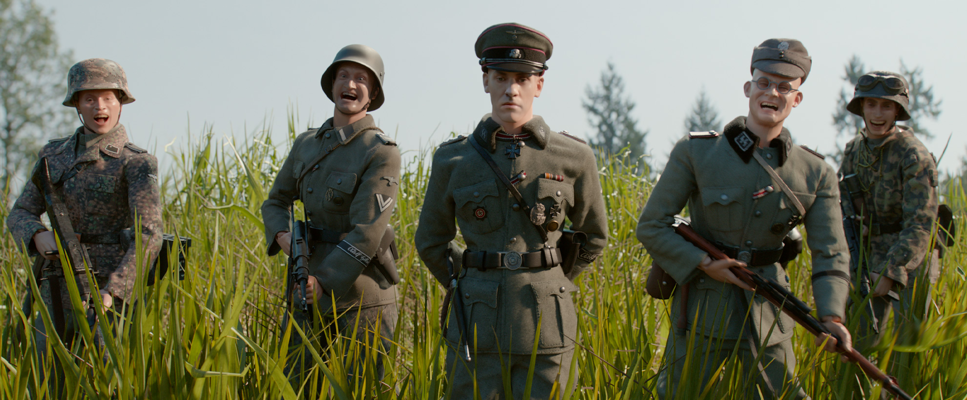A collection of humanised doll figures, dressed in military best, in a field 