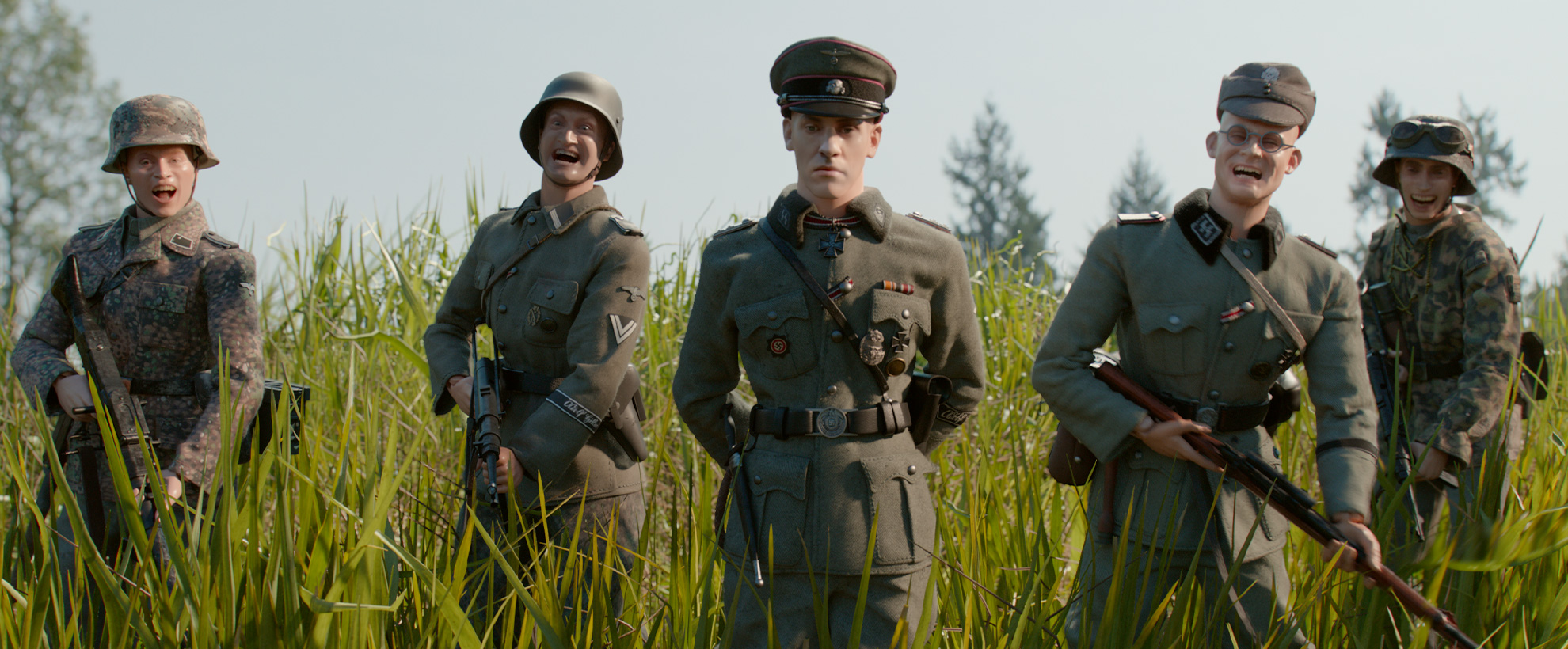 A collection of humanised doll figures, dressed in military best, in a field