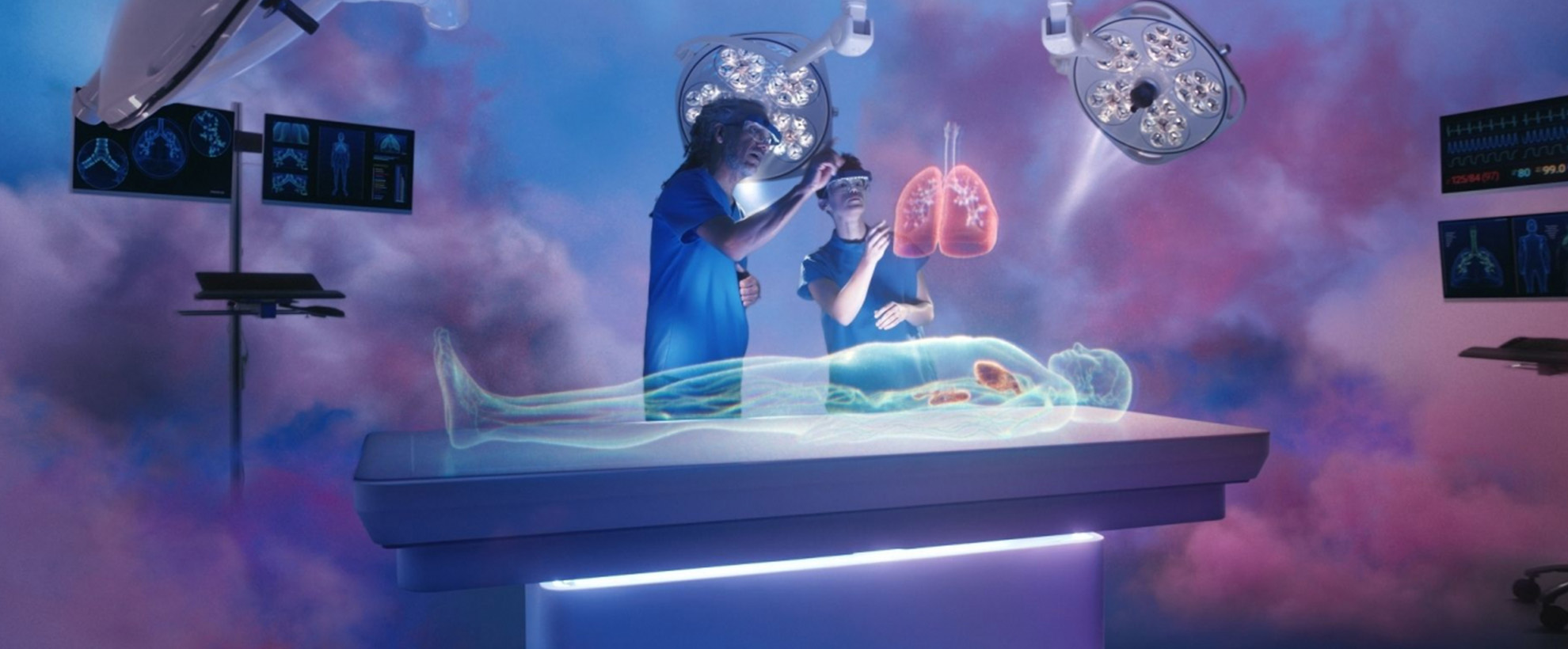 Two surgeons operate on a holographic body, while in the clouds
