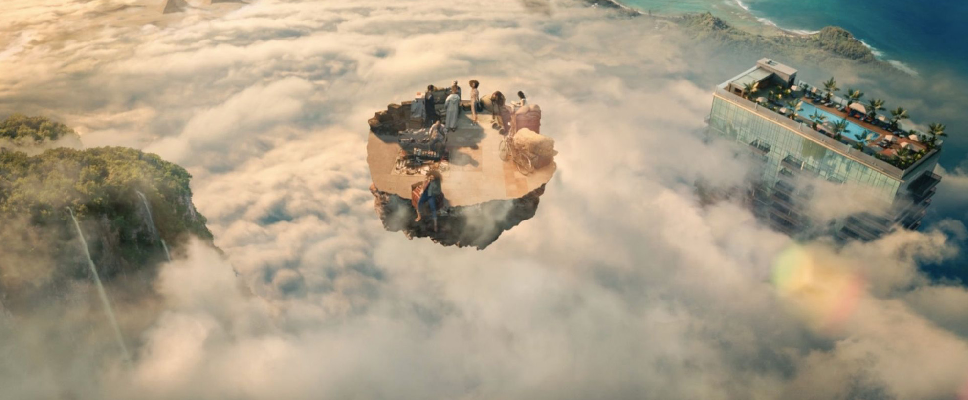 A floating island with people on it surrounded by clouds. On the left there is the roof of a holiday resort.