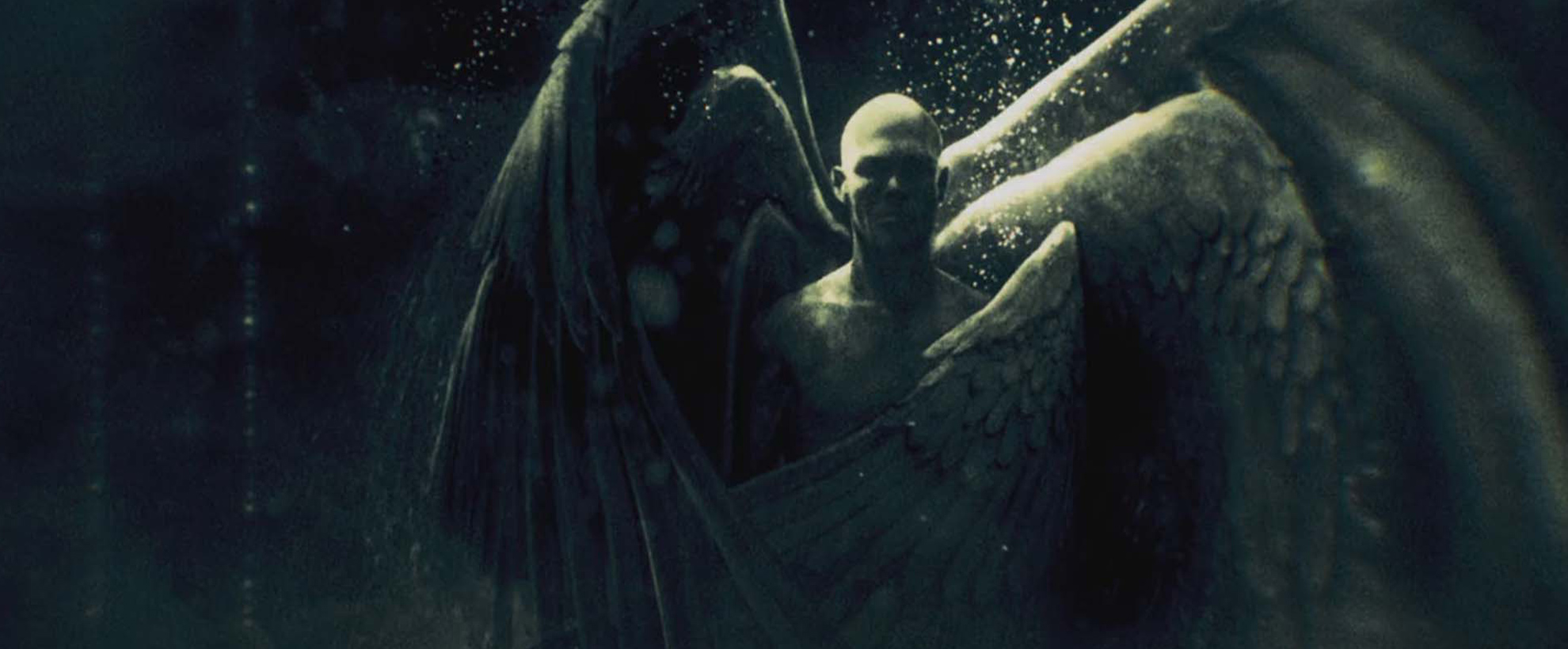 A dark and moody drawing of an angel with its wings wrapped around it