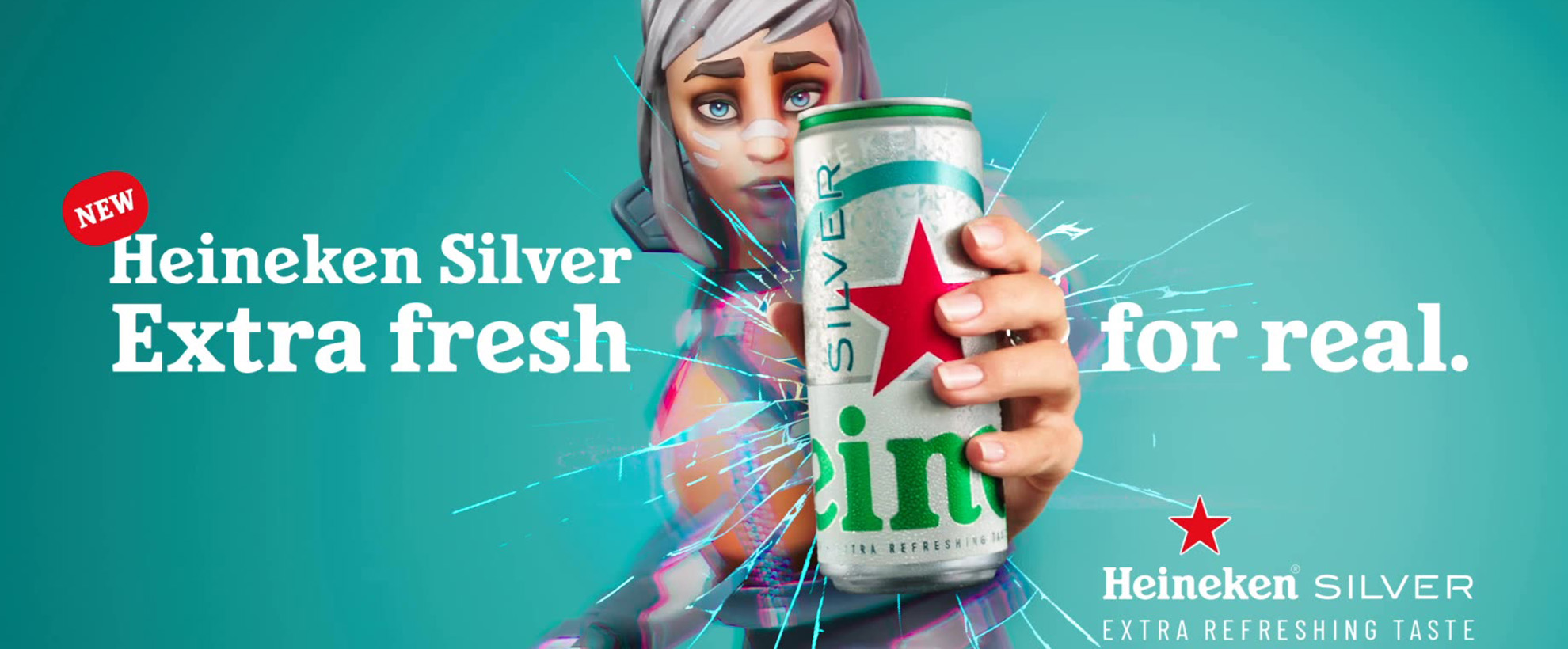 An animated woman with silver hair holds out a Heineken Silver can