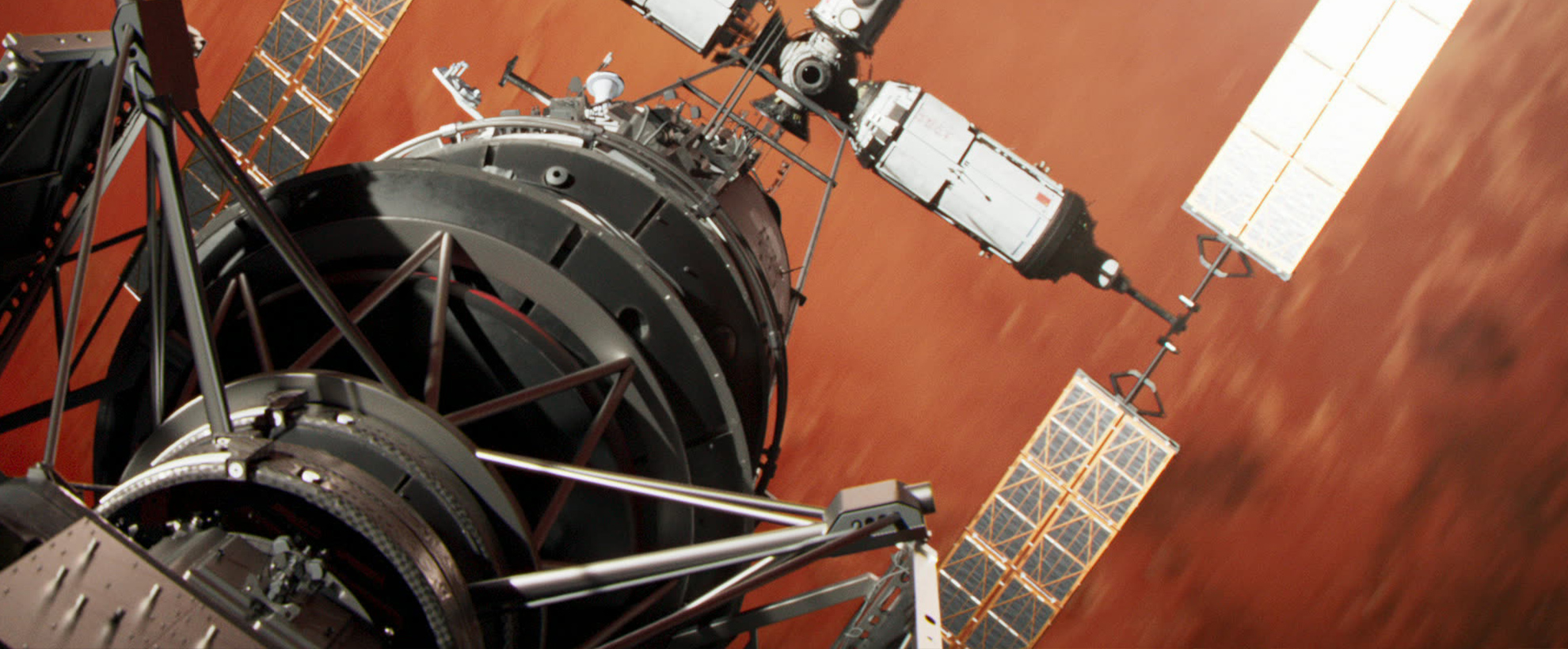 A spaceship flies over Mars