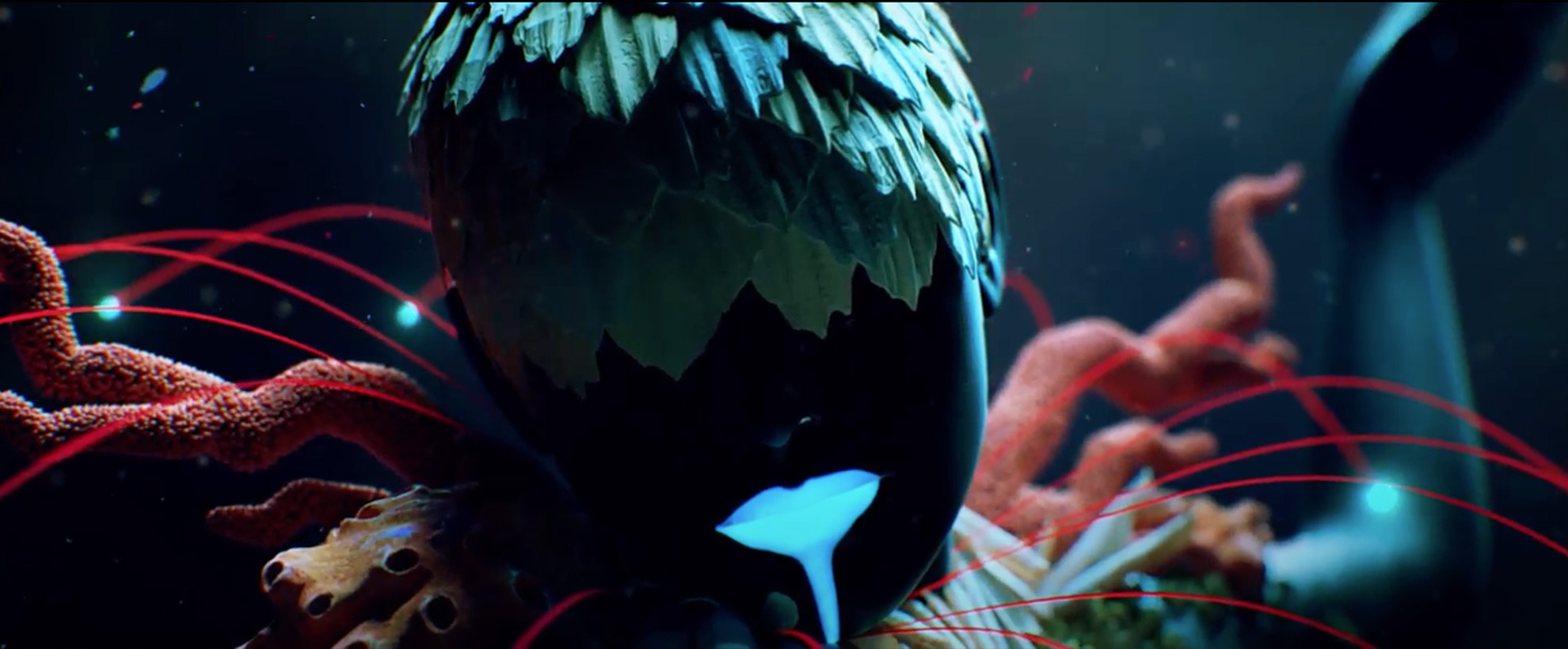 An animated head with green leaves for hair and dripping luminous blue lips, there is coral forming a collar around the neck.