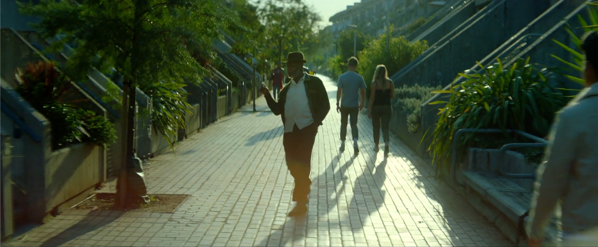 A man dancing down a pedestrian street with trees and plants to the side. There are people walking on the street behind him.