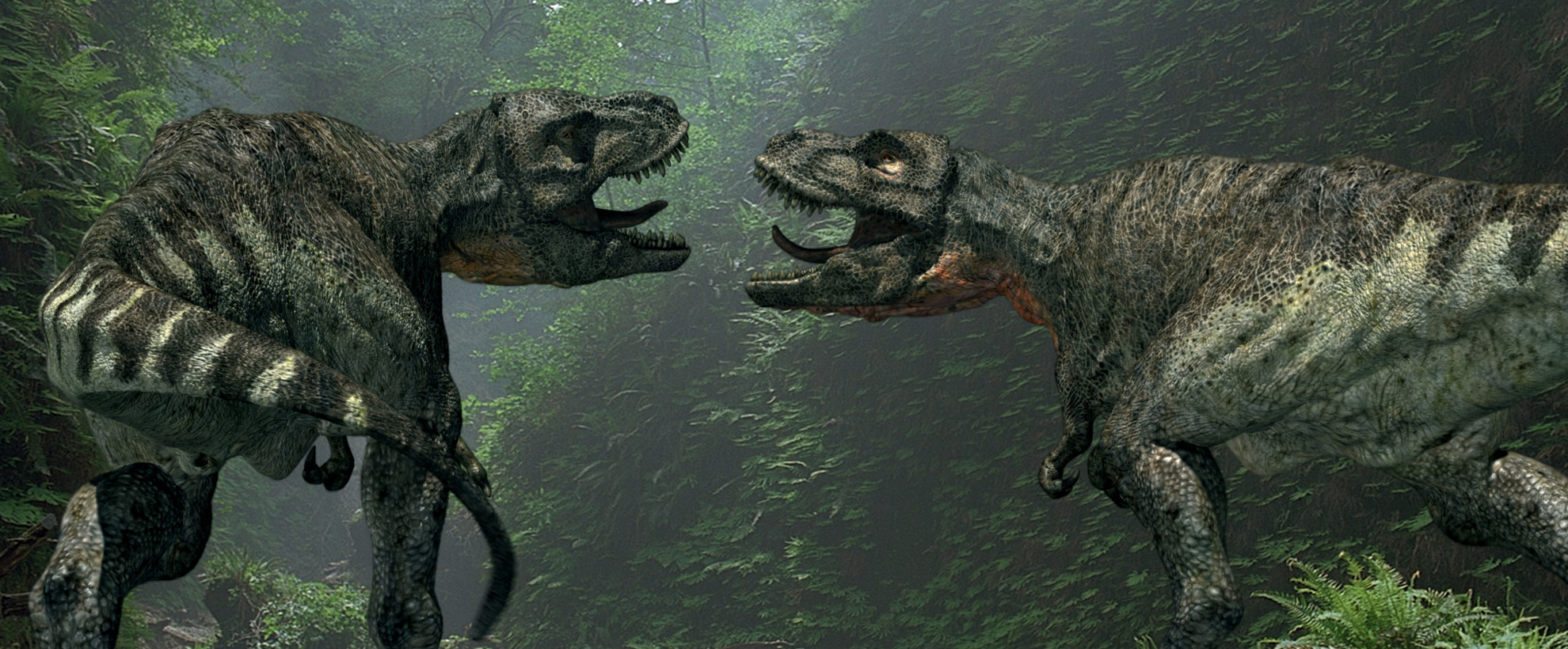 Two t-rexes snarl at each other 