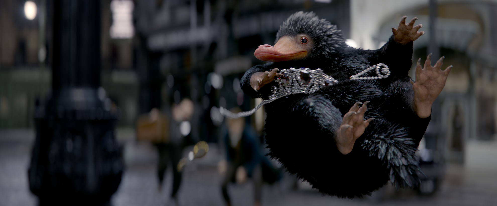 A mythical creature that looks like a mix of a hedgehog and a platypus soars through a bustling city square holding diamond jewelry