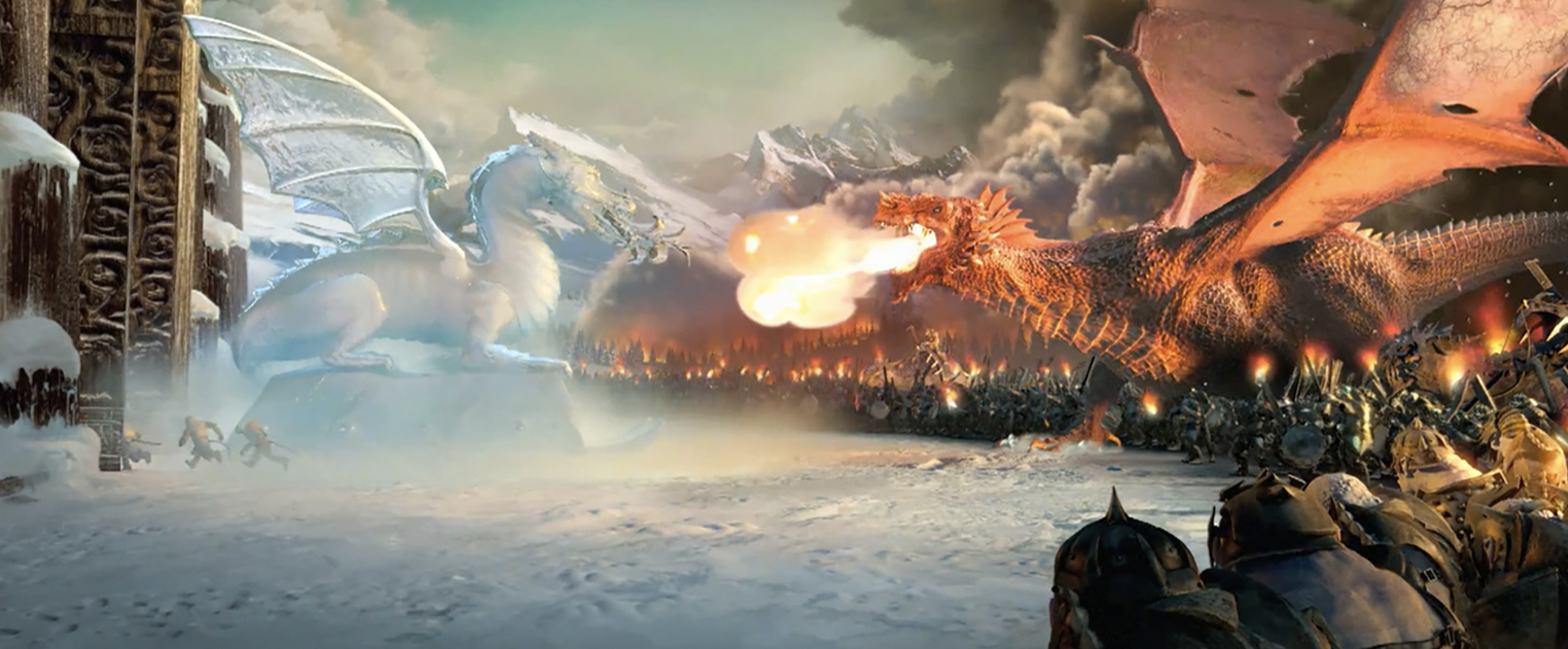 Two dragons, an ice dragon and a fire dragon, fight 