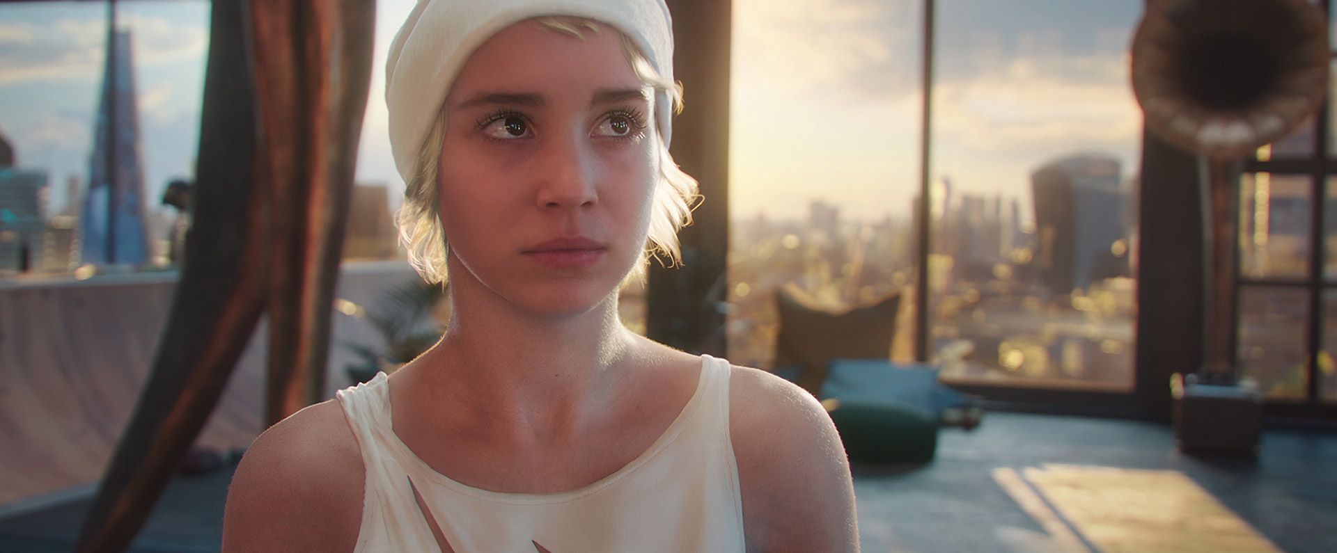 Alba Baptista stars as Stevie in short film FLITE, wearing a cream vest top and beanie hat