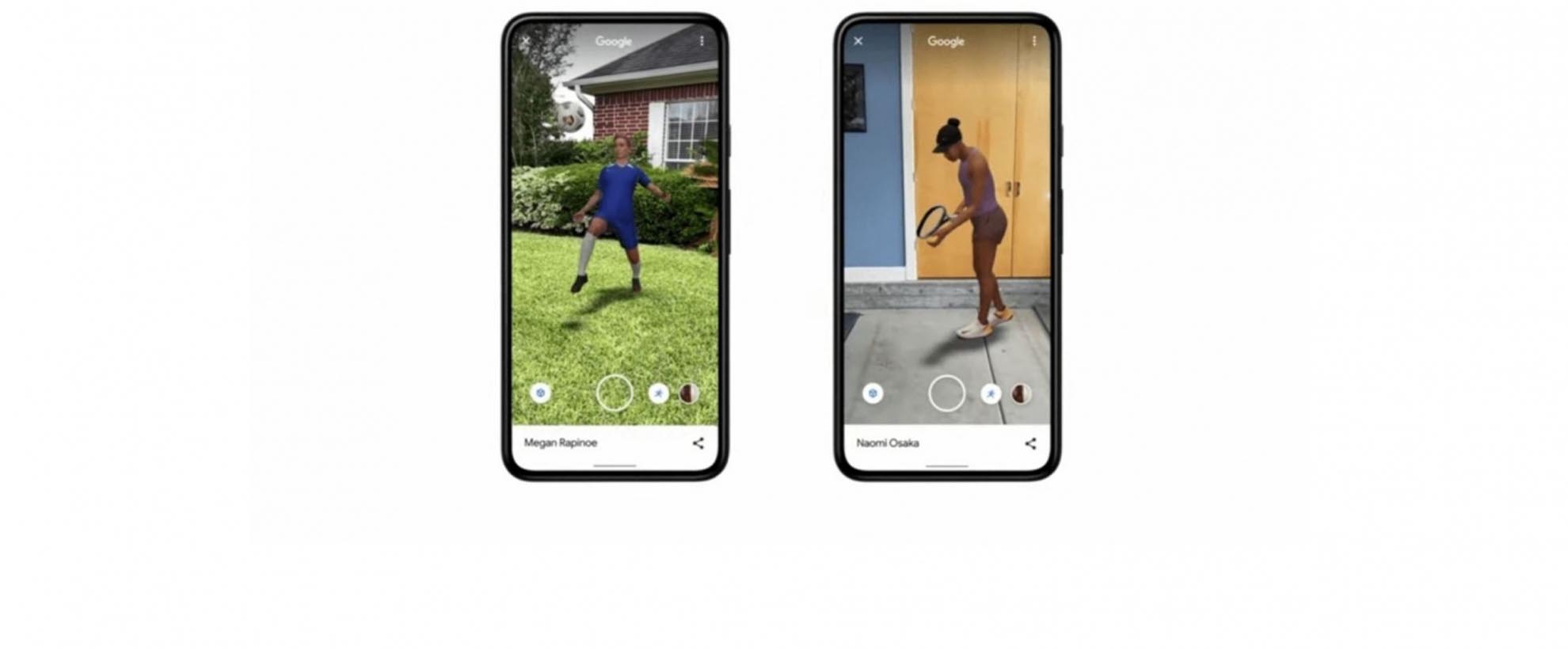 Two smartphones show off two different virtual athletes, one playing soccer, and one playing tennis