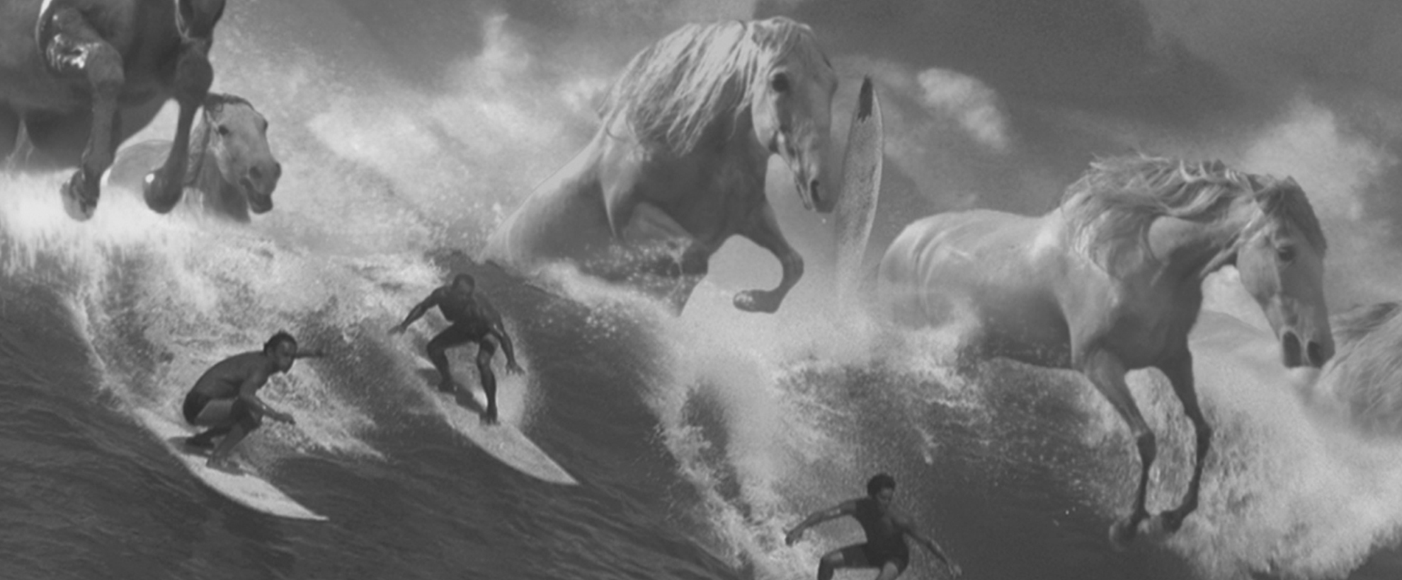Surfers ride a large wave while giant horses gallop through the wave as well