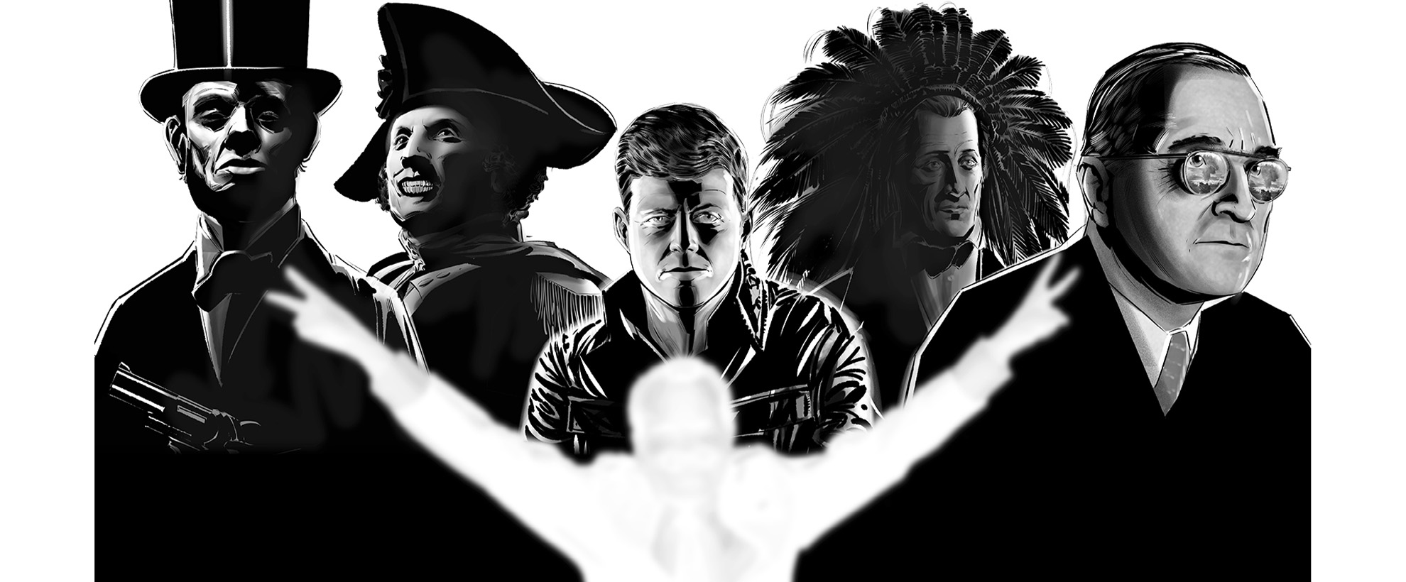 A black and white illustration of historical figures from US history with a white silhouette with raised arms in front.