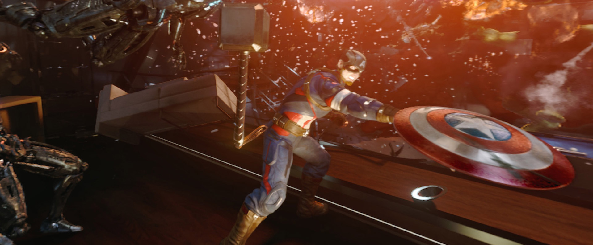 Captain America throwing his shield while the interior of a building explodes in the background.