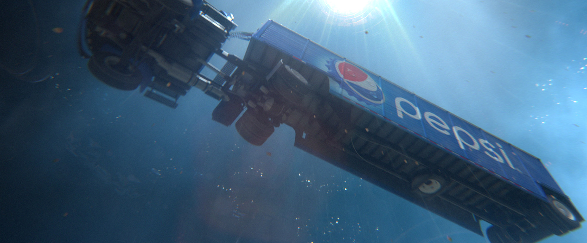 A Pepsi truck is floating through the air with a blue background and light overhead. 
