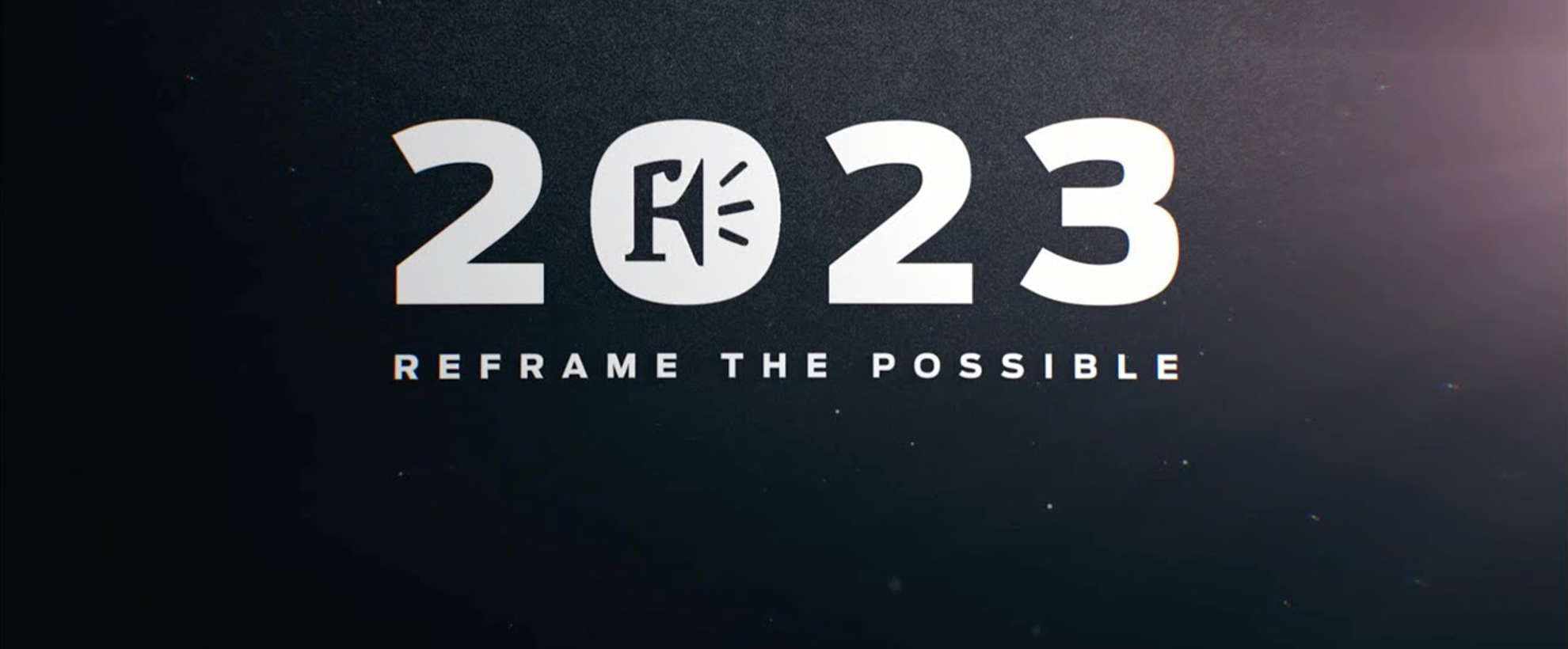 A grey background with 2023 Reframe the Possible written in white text in the centre. The centre of the 0 is the Framestore icon.