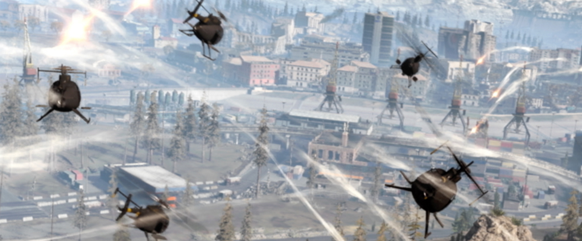Helicopter flying over buildings