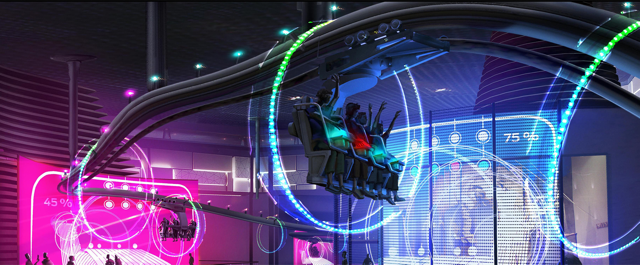 A design for a ride showing four people in a ride carriage surrounded by a halo of blue and green lights, there are purple lights in the background and screens showing statistics around them.