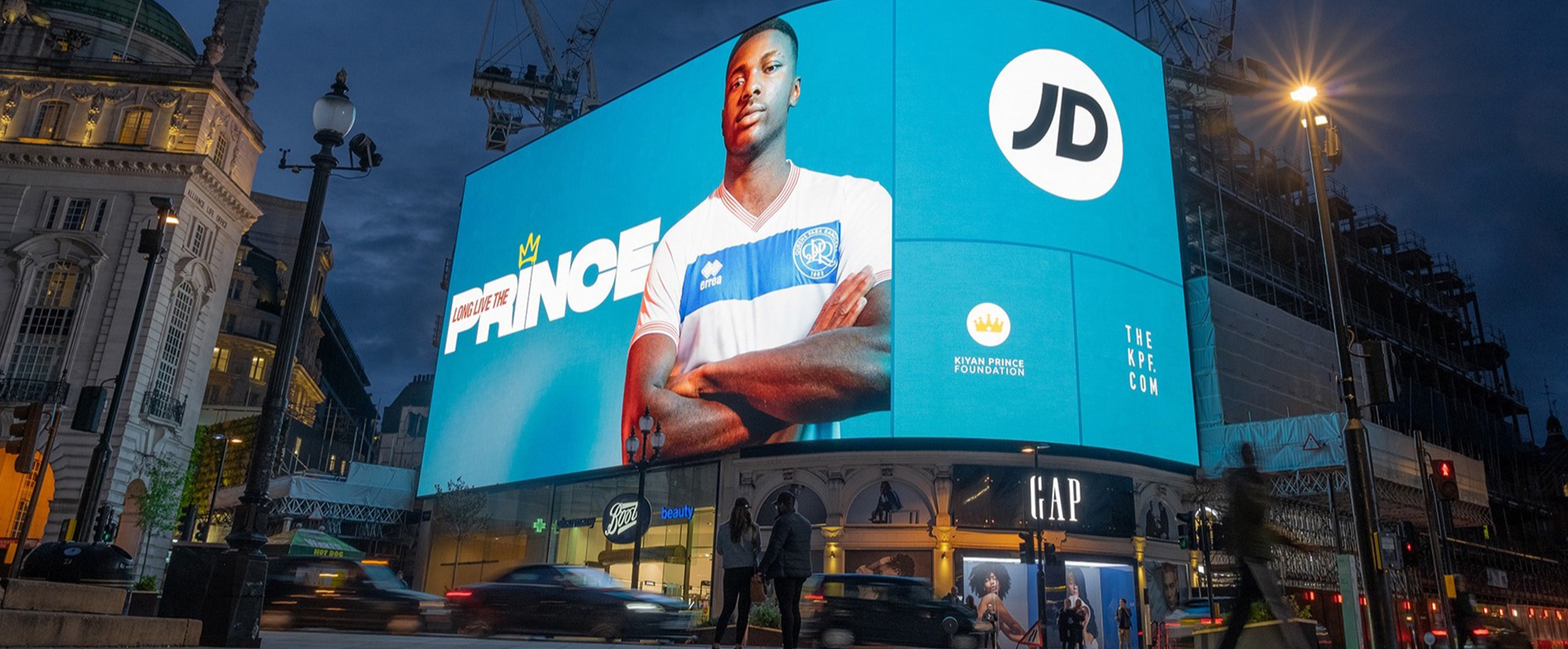 A billboard at Piccadilly Circus showing the Kiyan Prince campaign