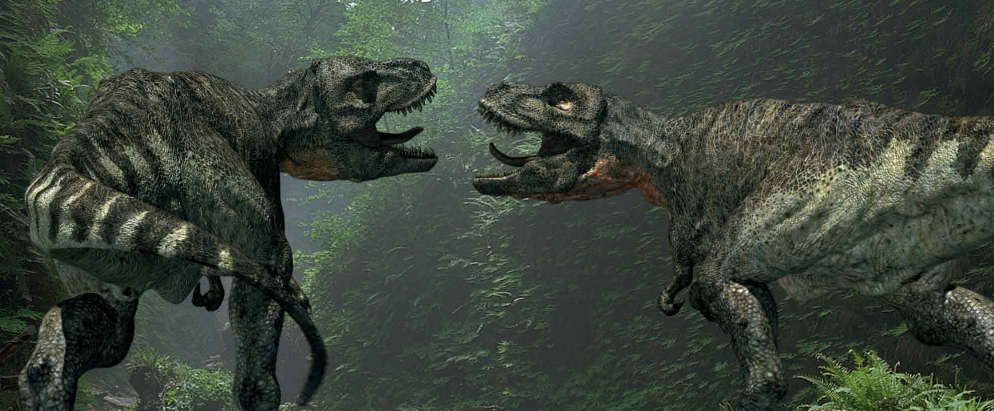 Two t-rexes snarl at each other