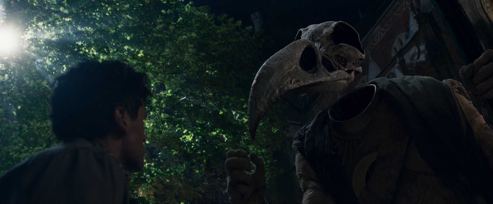 Oscar Isaac's character stares up at a skeletal egyptian bird god.