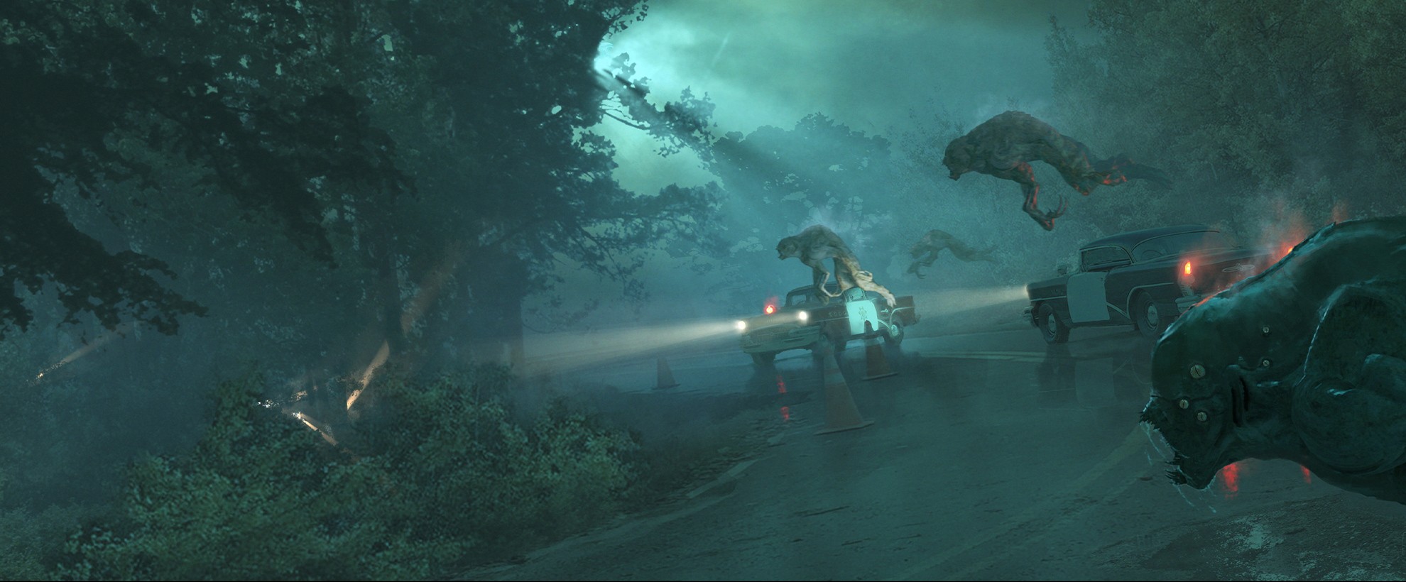 Concept art for the shoggoth, attacking some cars